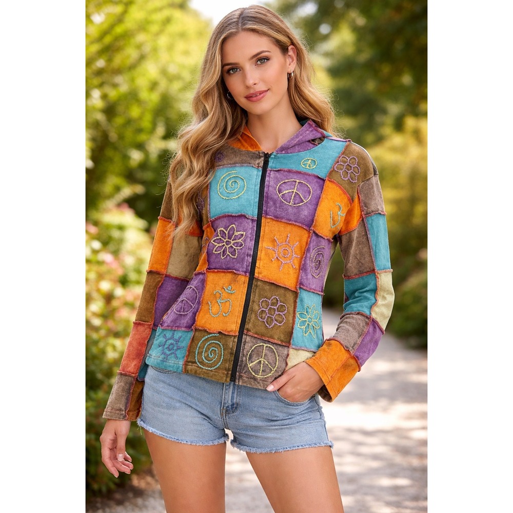 Shop Therapy Patchwork Hoodie Jacket Nepal Boho Peace‎ Symbols Zip Up SZ Small